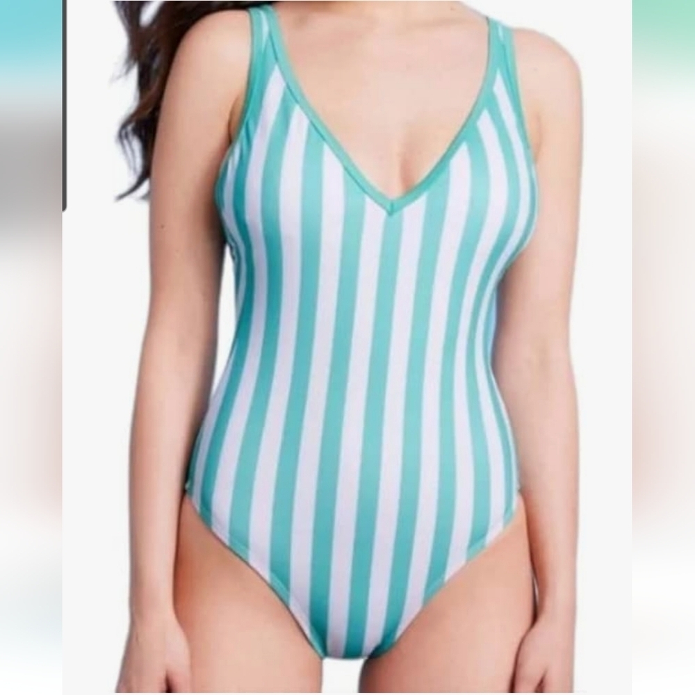 Kona Sol V Neck Over The Shoulder 1 Piece Swimsuit Turquoise Stripe Sz Lg‎